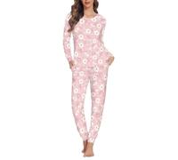 Biyejit Ensemble de pyjama pour femme avec haut et pantalon, vêtements de nuit à col rond avec poches, lot de 2 XS-6XL, Marguerite rose, 5XL