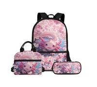 Biyejit Ensemble de sacs d'école 3 en 1 pour enfants, sac à déjeuner et trousse à crayons, grande capacité 43,2 cm, cartable pour enfants, Axolotl 7, Taille unique, Ensemble cartable
