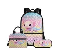 Biyejit Ensemble de sacs d'école 3 en 1 pour enfants, sac à déjeuner et trousse à crayons, grande capacité 43,2 cm, cartable pour enfants, Axolotl 15, Taille unique, Ensemble cartable