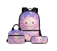 Biyejit Ensemble de sacs d'école 3 en 1 pour enfants, sac à déjeuner et trousse à crayons, grande capacité 43,2 cm, cartable pour enfants, Axolotl 24, Taille unique, Ensemble cartable