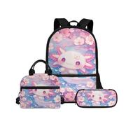 Biyejit Ensemble de sacs d'école 3 en 1 pour enfants, sac à déjeuner et trousse à crayons, sacs à livres légers de 43,2 cm, Axolotl, Taille unique, Ensemble cartable