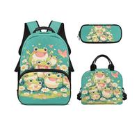 Biyejit Ensemble de sacs d'école 3 en 1 pour filles avec sac à déjeuner, trousse à crayons, cartable décontracté pour enfants, 43,2 cm, cadeau, Grenouilles., Taille unique, Ensemble cartable