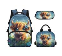Biyejit Ensemble de sacs d'école 3 en 1 pour filles avec sac à déjeuner, trousse à crayons, cartable décontracté pour enfants, 43,2 cm, cadeau, vache, Taille unique, Ensemble cartable