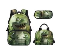 Biyejit Ensemble de sacs d'école 3 en 1 pour garçons avec sac à déjeuner, trousse à crayons, grande capacité 43,2 cm, Crocodile mignon, Taille unique, Ensemble cartable