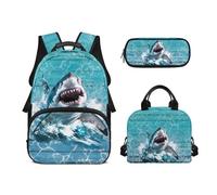 Biyejit Ensemble de sacs d'école 3 en 1 pour garçons avec sac à déjeuner, trousse à crayons, grande capacité 43,2 cm, Motif requins, Taille unique, Ensemble cartable