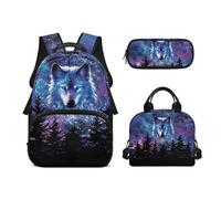 Biyejit Ensemble de sacs d'école 3 en 1 pour garçons avec sac à déjeuner, trousse à crayons, grande capacité 43,2 cm, Wolf Galaxy., Taille unique, Ensemble cartable