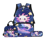 Biyejit Ensemble de sacs d'école pour filles 3 en 1 avec sac à déjeuner sac à crayons sac d'école décontracté pour enfants 43 cm cadeau, Axolotl mignon, en storlek, Ensemble de cartables