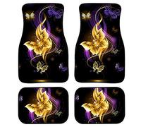 Biyejit Golden Butterfly Lot de 4 tapis de sol avant et arrière avec dos en caoutchouc antidérapant Protection contre les intempéries pour voiture, berline, coupé, SUV, camion