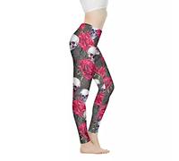 Biyejit Legging pour femme - Taille haute - Contrôle du ventre - Pour le yoga, la course à pied, la gym, le sport, le fitness, Tête de mort rose., XXL