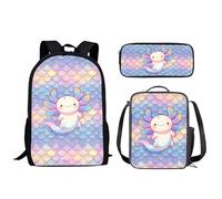 Biyejit Lot de 3 sacs à dos d'écolier légers pour garçons et filles avec boîte à déjeuner, Axolotl Écailles de poisson, taille unique