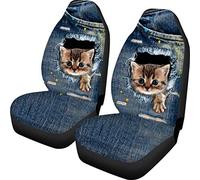 Biyejit Mignon Housse de siège en denim avec poche pour chat 2PCS/Set pour véhicules et camions - Sièges avant et arrière pour voitures - Protection anti-poussière pour siège de voiture avant