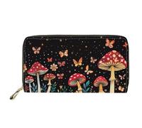 Biyejit Portefeuille long en cuir pour femme avec fermeture éclair sur le pourtour, Papillon champignon, Taille unique, Imprimé décontracté