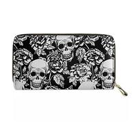 Biyejit Portefeuille long en cuir pour femme avec porte-cartes de crédit et pochette de téléphone avec fermeture éclair, Tête de mort fleurs., Taille unique, Décontracté