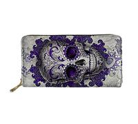 Biyejit Portefeuille Long en Cuir pour Femme avec Porte-Cartes Motif Floral, Tête de Mort - Violet, Taille Unique, Décontracté