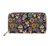 Biyejit Portefeuille long en cuir pour femme Motif floral Porte-cartes Pochette Capacité d'embrayage, Fleur de crâne en sucre, Taille unique, Décontracté