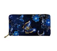 Biyejit Portefeuille long en cuir pour femme Motif floral Porte-cartes Pochette Capacité d'embrayage, Papillon galaxie bleu, Taille unique, Décontracté