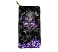 Biyejit Portefeuille long en cuir pour femme Motif floral Porte-cartes Pochette Capacité d'embrayage, Crâne papillon violet, Taille unique, Décontracté