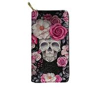 Biyejit Portefeuille long en cuir pour femme - Porte-cartes de crédit - Grande capacité - Fermeture éclair, Crâne rose rose, Taille unique, Décontracté