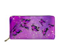 Biyejit Portefeuille long en cuir pour femme - Porte-cartes de crédit - Grande capacité - Fermeture éclair, papillon rose, Taille unique, Décontracté
