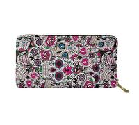 Biyejit - Portefeuille long en cuir pour femmes avec imprimé floral, porte-cartes, poche pour téléphone, Imprimé tête de mort, Taille unique, Décontracté