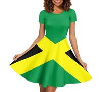 Biyejit Robes à imprimé 3D pour femme à manches courtes Robes fluides courtes à porter pour une soirée Robe trapèze à porter pour une fête, Drapeau jamaïque., XL