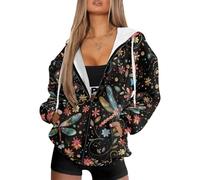 Biyejit Sweat à capuche pour femme - Fermeture éclair intégrale - Avec poche - Décontracté - Manches longues - Vêtements de sport - Grande taille XS à 4XL, Libellule., 4XL