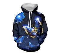 Biyejit Sweat à capuche unisexe à manches longues avec cordon de serrage et poche pour homme et femme, Papillon bleu., XL