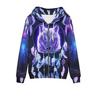 Biyejit - Sweat-shirt à capuche pour femme avec fermeture éclair complète, manches longues, avec poche, pour le sport, les voyages, les activités de plein air, XS-5XL, Attrape-rêves Loup, XL