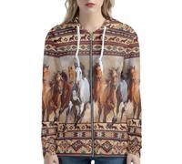 Biyejit - Sweat-shirt à capuche pour femme avec fermeture éclair complète, manches longues, avec poche, pour le sport, les voyages, les activités de plein air, XS-5XL, Cheval aztèque tribal, S