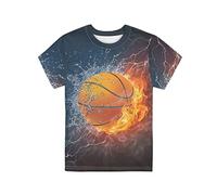 Biyejit T-shirts à manches courtes pour enfants, vêtements tendance pour garçons, filles, étudiants, jeunes, taille 3-16 ans, Water Fire Basketball, 15-16 ans