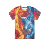 Biyejit T-shirts à manches courtes pour enfants, vêtements tendance pour garçons, filles, étudiants, jeunes, taille 3-16 ans, Loup de feu rouge et bleu, 15-16 ans