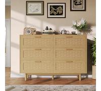 BIYFSDS Commode 6 Tiroirs en Rotin, Meuble de Rangement Vintage avec Pieds en Bois Massif, Commode Moderne Chambre pour Salon avec Dispositif Anti-Basculement Commodes Haute Rotin (Bois-4, 115x40x80)