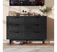 BIYFSDS Commode 6 Tiroirs en Rotin, Meuble de Rangement Vintage avec Pieds en Bois Massif, Commode Moderne Chambre pour Salon avec Dispositif Anti-Basculement Commodes Haute Rotin (Noir-4, 115x40x80)