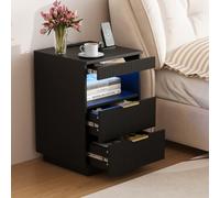 BIYFSDS Lot de 2 Table de Chevet avec LED et Multiprise,Table de Nuit avec 3 Tiroirs et 2 Compartiment Ouverts,Tiroirs Cachés,Façade Ondulée,Poignées Métal,Moderne,pour Chambre Salon,Noir,40x40x60cm