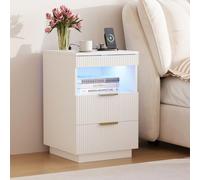 BIYFSDS Lot de 2 Table de Chevet avec LED et Multiprise,Table de Nuit avec 3 Tiroirs et 2 Compartiment Ouverts,Tiroirs Cachés,Façade Ondulée,Poignées Métal,Moderne,pour Chambre Salon,Blanc,40x40x60cm