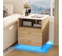 BIYFSDS Table de chevet blanche avec 2 tiroirs, table de chevet avec façade rainurée, poignées dorées et pieds en métal, table d'appoint moderne pour chambre à coucher (couleur bois naturel, 44 x 38 x
