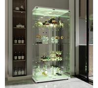 BIYFSDS Vitrine en Verre avec LED, Vitrine Colonne à 4 Étagères pour Collection, VitrinE à Vin en Verre à 2 Portes et Serrure, Meuble de Collection (Blanc-2+Lampe, 81x37x164)