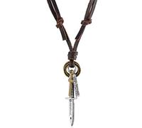 BIYONGDE Collier vintage avec pendentif en forme de feuille de plume, guitare, deux cercles, épée croix, réglable, cuir marron, ethnique, 6 cm, Cuir, Pas de pierre précieuse