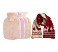 Bizcasa 2 Lot de 2L Bouillotte Eau Chaude avec Housse en Peluche,Bouillotte Eau Chaude Grande Capacité Bouillotte en Caoutchouc avec Housse Amovible Soulager Douleur,avec Une écharpe de Noël (Violet)