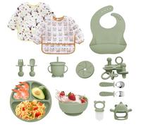 Bizcasa Coffret Repas Bebe 14 pièces,Vaisselle Antiderapant pour Bébé Set Silicone avec Ventouse Assiette Bol Cuillère et Bavoir,Sans BPA,Enfant Set Couverts Vaisselle Pour Sevrage Manger (Vert)