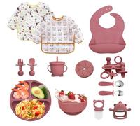 Bizcasa Coffret Repas Bebe 14 pièces,Vaisselle Antiderapant pour Bébé Set Silicone avec Ventouse Assiette Bol Cuillère et Bavoir,Sans BPA,Enfant Set Couverts Vaisselle Pour Sevrage Manger (Rose foncé)