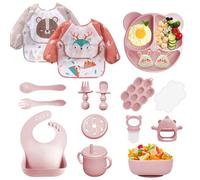 Bizcasa Coffret Repas Bebe 14 pièces, Vaisselle Antiderapant pour Bébé Set Silicone avec Ventouse Assiette Bol Fourche Cuillère Bavoir et Tasse, Assiette Enfant Set, Sans BPA (14pcs-Rose clair)