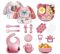 Bizcasa Coffret Repas Bebe 14 pièces, Vaisselle Antiderapant pour Bébé Set Silicone avec Ventouse Assiette Bol Fourche Cuillère Bavoir et Tasse, Assiette Enfant Set, Sans BPA (14pcs-Rose foncé)
