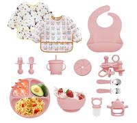 Bizcasa Coffret Repas Bebe 14 pièces,Vaisselle Antiderapant pour Bébé Set Silicone avec Ventouse Assiette Bol Cuillère et Bavoir,Sans BPA,Enfant Set Couverts Vaisselle Pour Sevrage Manger (Rose clair)