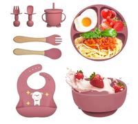 Bizcasa Coffret Repas Bebe 8 pièces, Vaisselle Antiderapant pour Bébé Set Silicone avec Ventouse Assiette Bol Fourche Cuillère Bavoir et Tasse, Assiette Enfant Set, Sans BPA (Rose foncé)