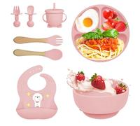 Bizcasa Coffret Repas Bebe 8 pièces, Vaisselle Antiderapant pour Bébé Set Silicone avec Ventouse Assiette Bol Fourche Cuillère Bavoir et Tasse, Assiette Enfant Set, Sans BPA (Rose clair)