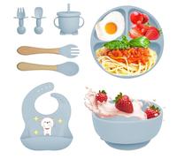 Bizcasa Coffret Repas Bebe 8 pièces, Vaisselle Antiderapant pour Bébé Set Silicone avec Ventouse Assiette Bol Fourche Cuillère Bavoir et Tasse, Assiette Enfant Set, Sans BPA (Bleu)