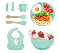 Bizcasa Coffret Repas Bebe 8 pièces, Vaisselle Antiderapant pour Bébé Set Silicone avec Ventouse Assiette Bol Fourche Cuillère Bavoir et Tasse, Assiette Enfant Set, Sans BPA (Vert 2)