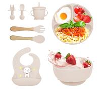 Bizcasa Coffret Repas Bebe 8 pièces, Vaisselle Antiderapant pour Bébé Set Silicone avec Ventouse Assiette Bol Fourche Cuillère Bavoir et Tasse, Assiette Enfant Set, Sans BPA (Beige)