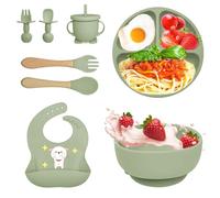 Bizcasa Coffret Repas Bebe 8 pièces, Vaisselle Antiderapant pour Bébé Set Silicone avec Ventouse Assiette Bol Fourche Cuillère Bavoir et Tasse, Assiette Enfant Set, Sans BPA (Vert 1)